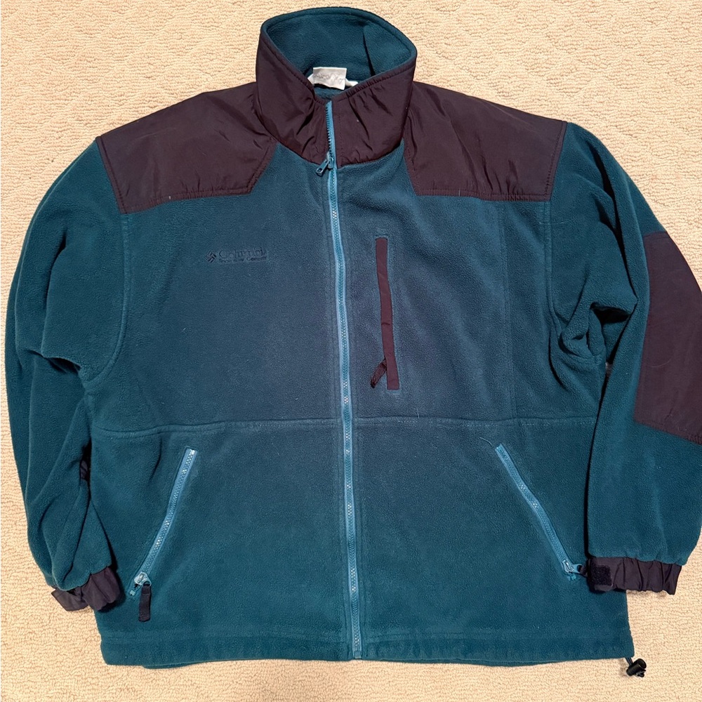 Vintage Columbia Men's Teal and Black Fleece Jacket Large